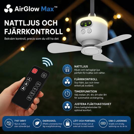 AirGlow Max™ Takvifte – Oppladbar vifte med belysning for utendørs bruk