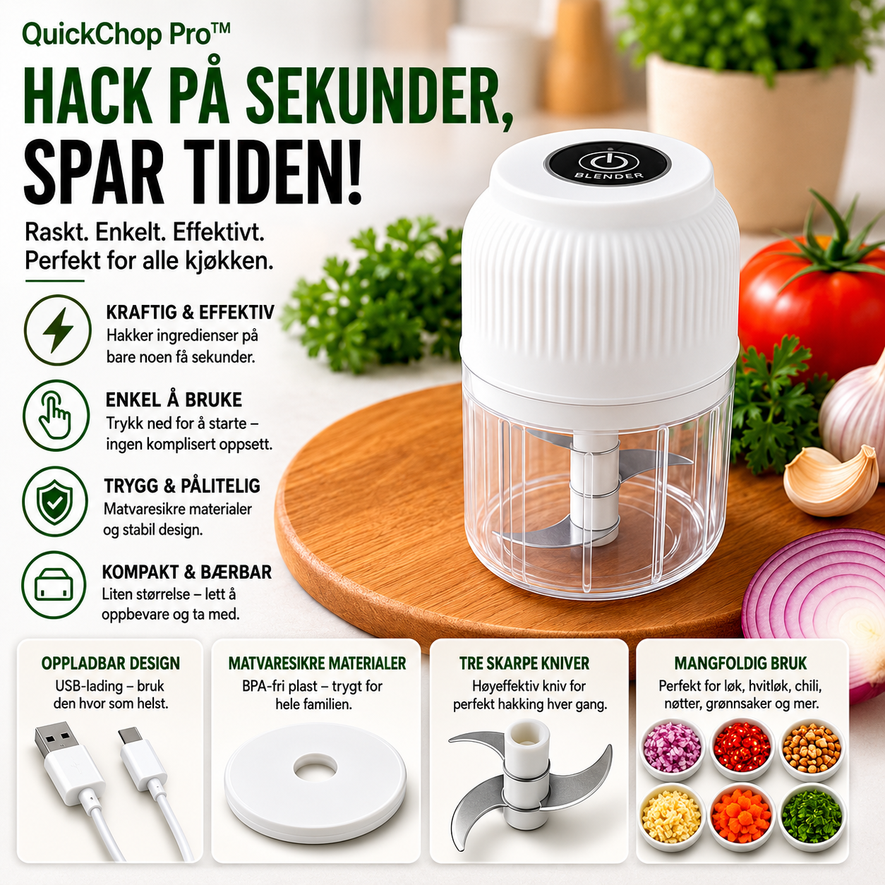 QuickChop Pro™ Minihakker – Trådløs matlaging med ett tastetrykk