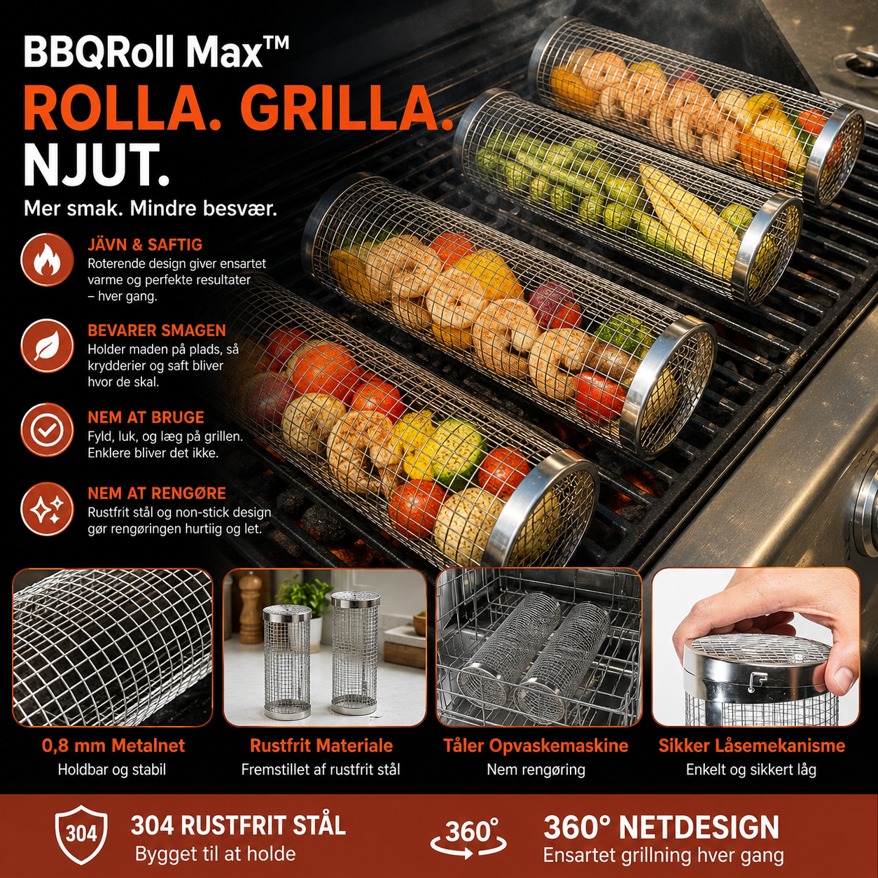 BBQRoll Max™ Grillkorg – Rostfritt stål för jämn grillning utan spill